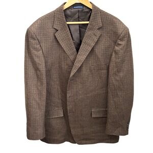 Stafford Essentials 100% Lambswool Blazer Sport Coat Brown Houndstooth Size 48R